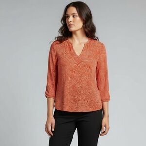 Dalia Women’s V-Neck Stretch Tunic Top Small Orange Red 3/4 Sleeve